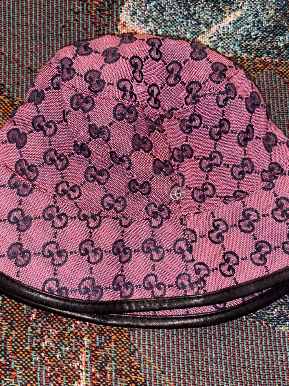 Gucci Pink Monogram Bucket Hat with Black Trim